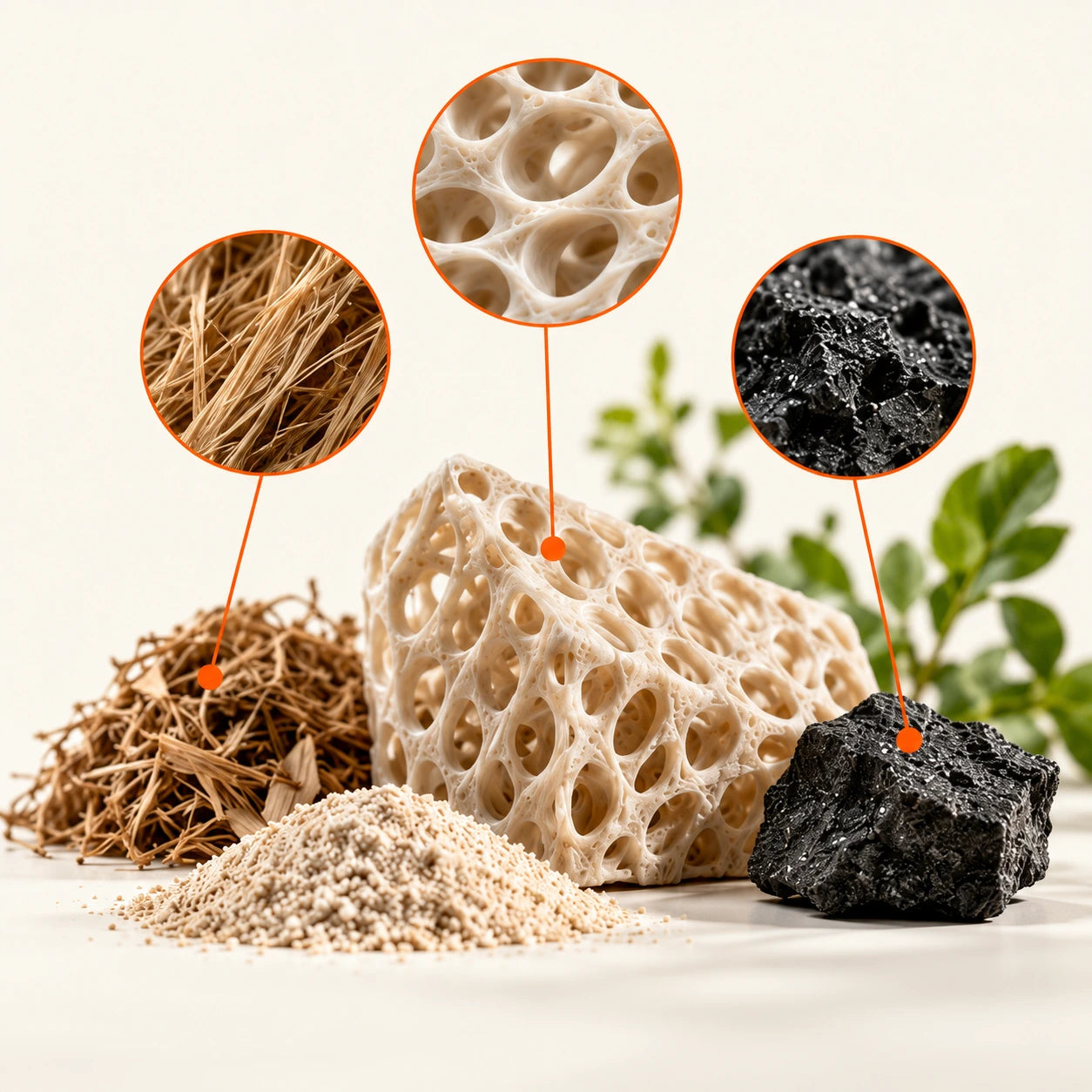 Concept illustration of natural fibres, a porous bio-composite structure and material studies