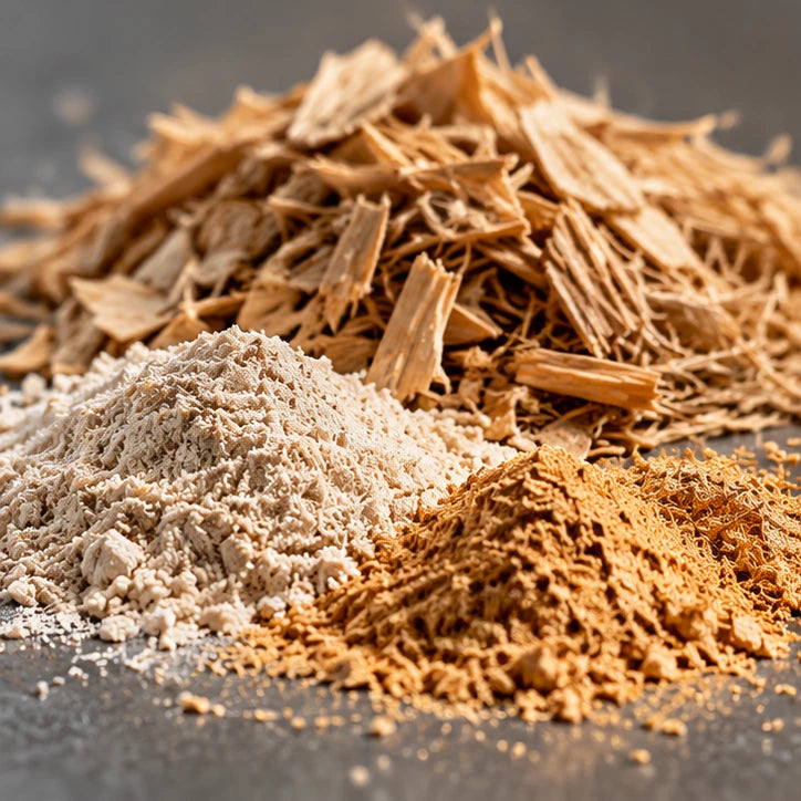 Illustration of natural fibres, wood chips and raw material powders